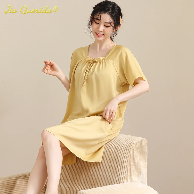 

Bright Yellow M-5XL Silk Nightgown for Woman Retro Elegant Ladies Sleeping Dress Plus Size Square Neck Women Night Gown Lingerie