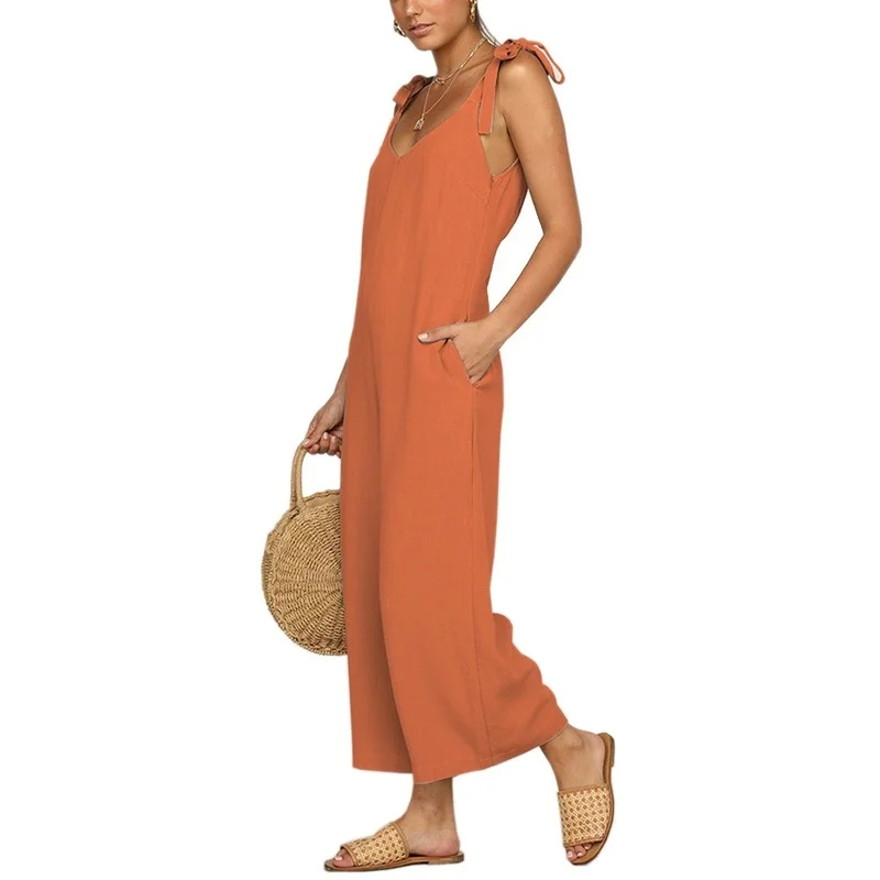 Women Summer  New 2021 Solid Color Pockets Wide Leg Pants Jumpsuits Casual Bow Sling Loose Rompers One Piece Outfit Boho Female