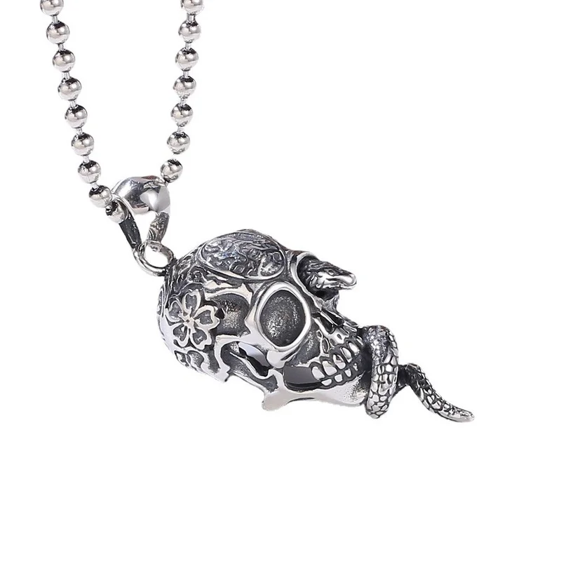 

S925 Sterling Silver Skull and Snake Tail Pendant for Women Retro Punk Men's and Women's Pendant Without Chain