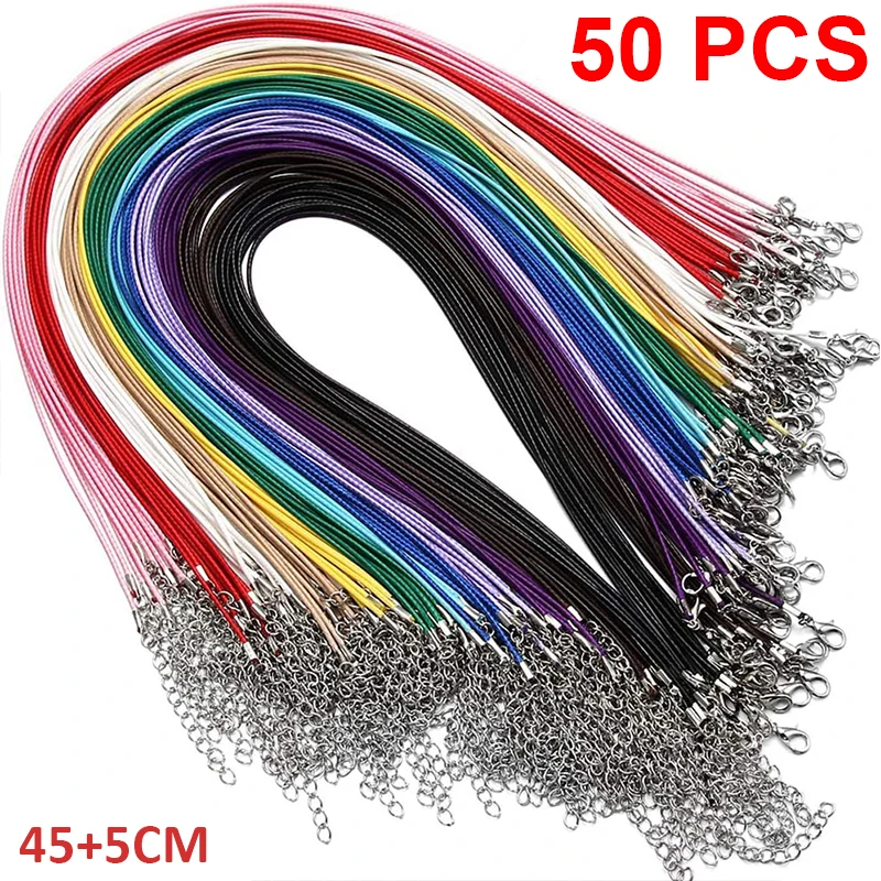 

50pcs Leather Waxed Cord DIY Jewelry Shiny Thread String Strap Chain With Clasp Necklace Rope Jewelry Making Supplies Wholesale