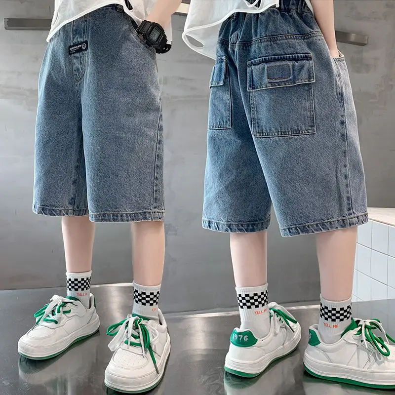 

Джинсы для мальчиков в Корейском стиле, новинка 2023, свободные летние детские эластичные штаны с широкими штанинами, джинсовые брюки, Повседневная Уличная одежда, одежда FivePoint