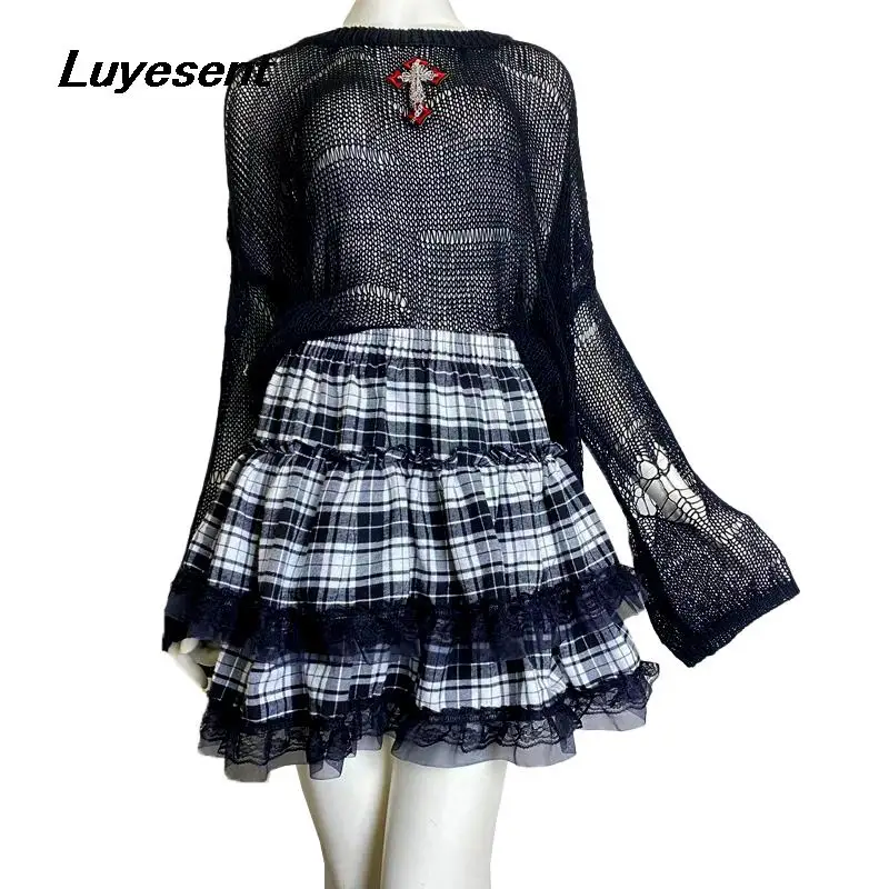 

Женская плиссированная юбка в клетку, черно-белая кружевная мини-юбка с эластичным поясом и оборками, в Корейском стиле, Y2k, весна 2022