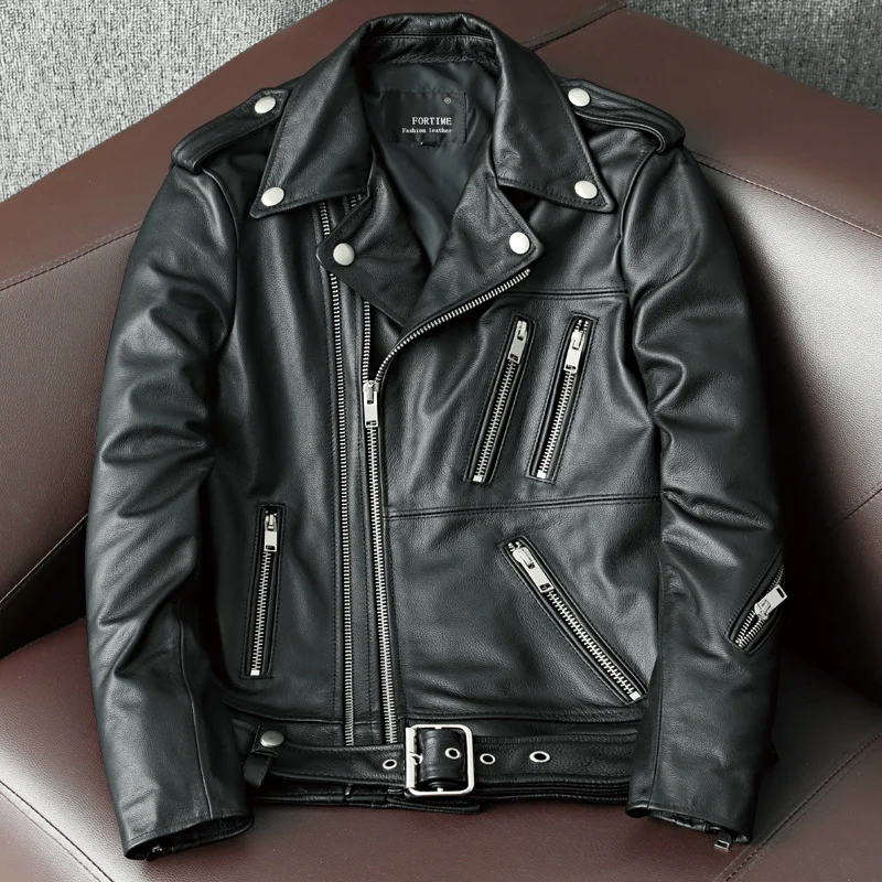 

New 2023 Genuine Cow Leather Jacket Men Autumn Winter Male Coats Diagonal Zipper and Multi Pocket Slim Motorcycle Clothing