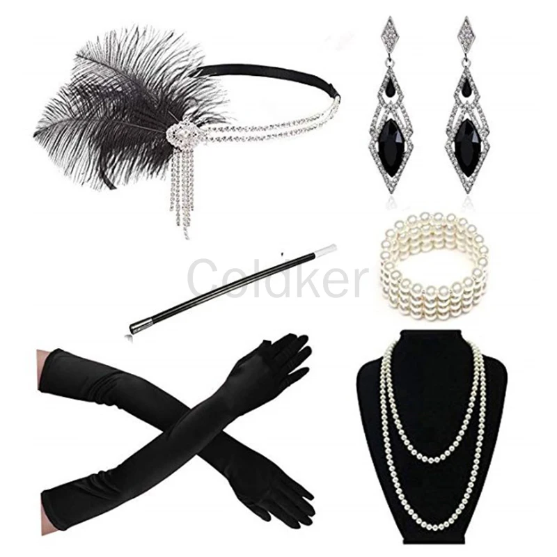 

1920's Cosplay Flapper Women the Great Gatsby Party Costume Halloween Headbands Necklaces Gloves Cigarette Costume Accessories