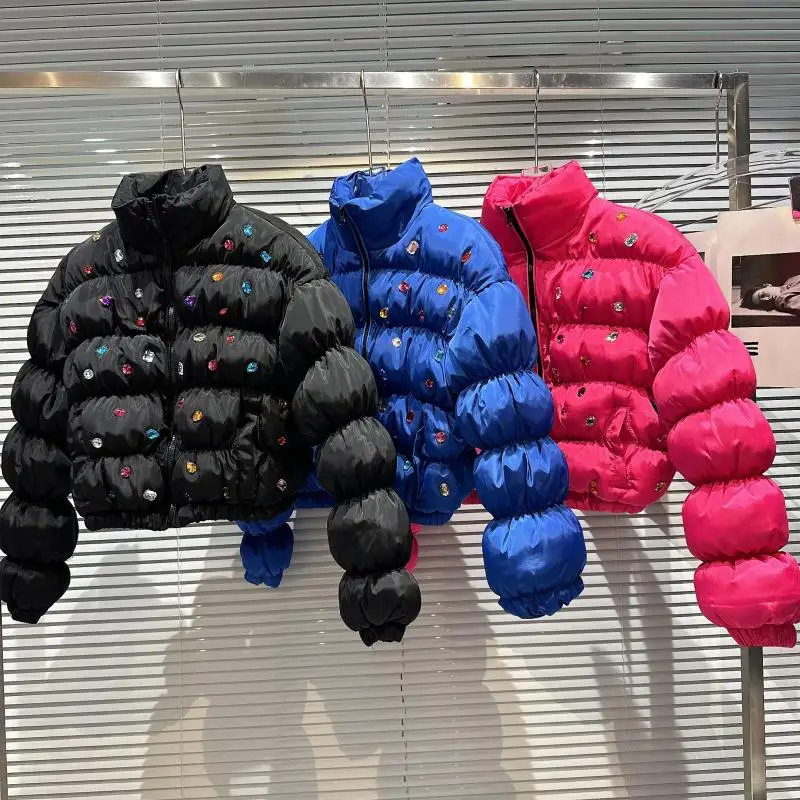 Winter Short  Cotton Padded Jacket Women 2022 Fashion Colorful Diamond Beaded Lantern Sleeve Slim Warm Down Cotton Parkas Street