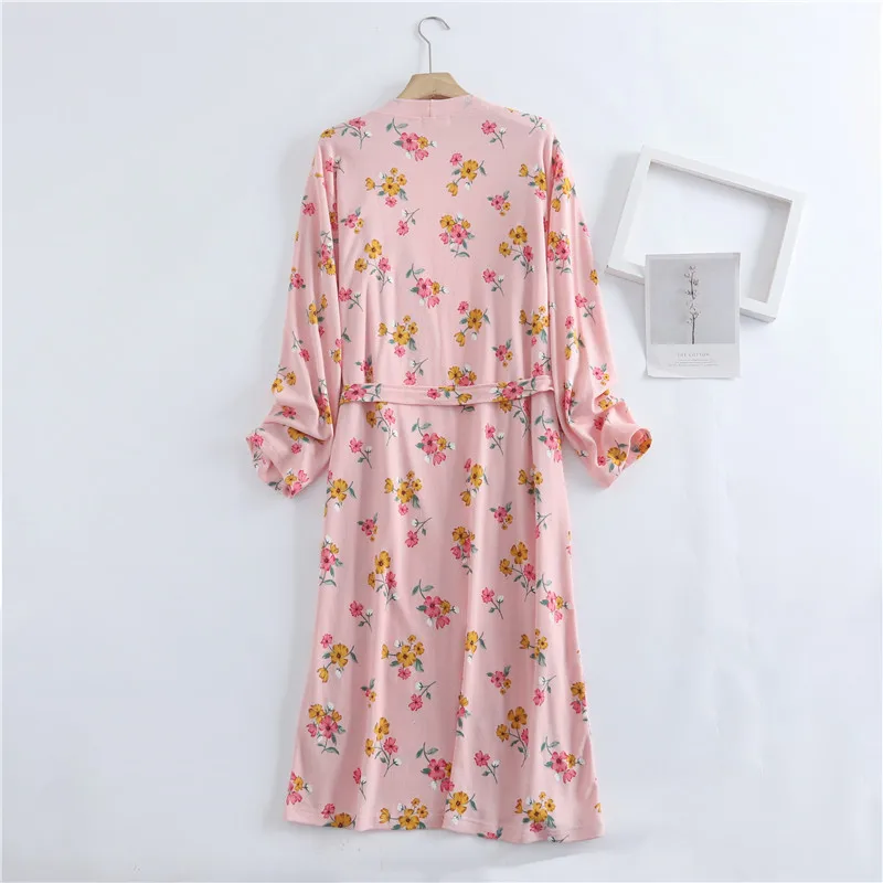 spring and autumn cotton waffle kimono bride bathrobe and night gown home wear women flower print sashes house robe for women free global shipping