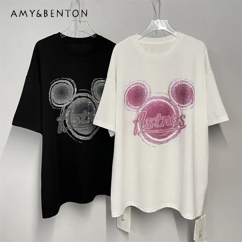 

2023 New Tshirts Alphabet Cartoon Rhinestone Pattern Loose Korean Style Pure Cotton Short Sleeve T-shirt Women's Basic Top Tees