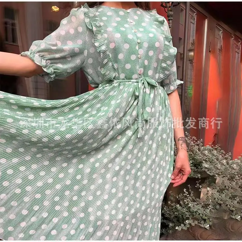 

Elegant Women's Dress Summer 2023 Sweet Small Clear Wave Point Pleated Mid-Length Chiffon Ruffle Leaf Sleeve High Waist Dress