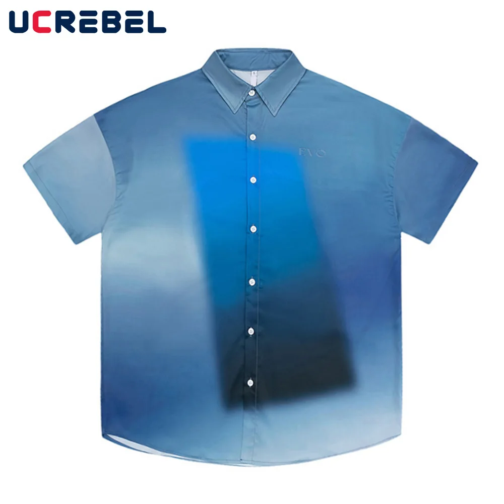 

Print Short Sleeve Shirt Mens Summer Streetwear Gradient Dyed Loose Top High Street Casual Lapel Shirts Men