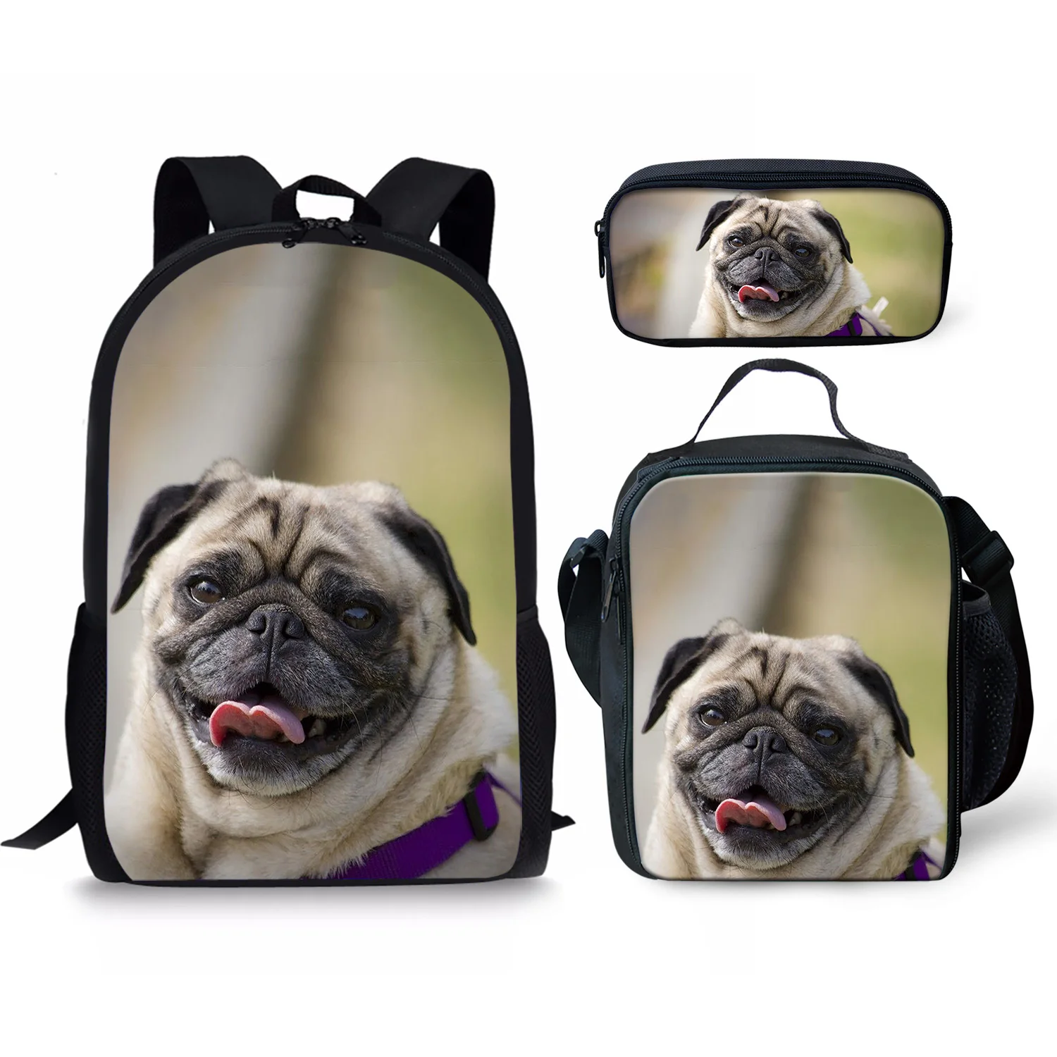 Adorable Pug Style Print New Large Schoolbag Pencil & Lunch Bag Student School Backpack Waterproof Capacity Primary Book Bags