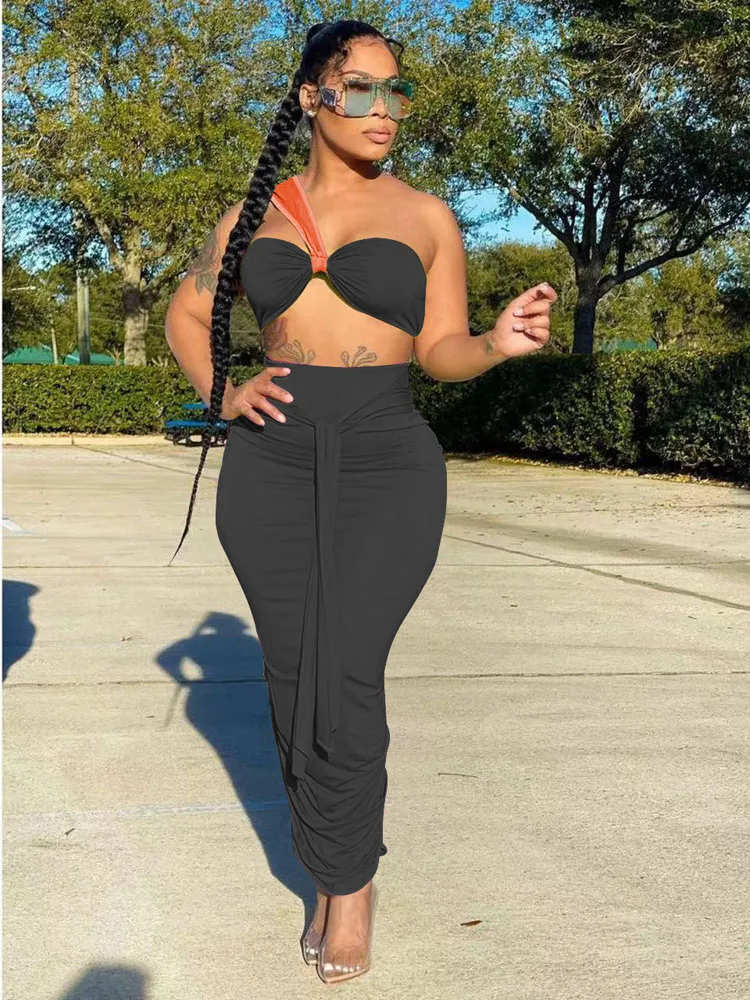 

Women Ruched Bodycon Midi Maxi Long Skirts Suit and Bra Tops Matching Two 2 Piece Set Outfits 2022 Summer Sexy Clubwear