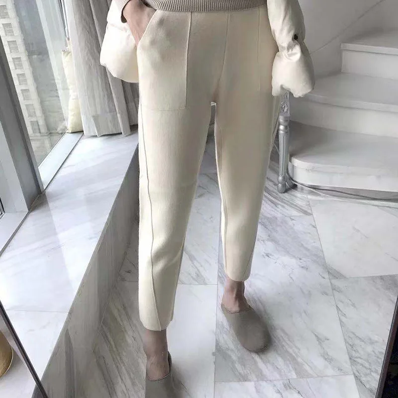 Autumn and Winter Women's Elastic Waist Knitted Tapered Pants Collage Pockets Women's Simple Solid Warm Casual Trousers