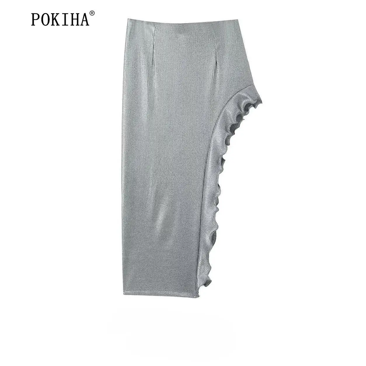 

Pokiha New Fashion Women Metallic Irregular Mid Waisted Skirt Back Zipper Sexy Slim Chic Female Skirts Mujer