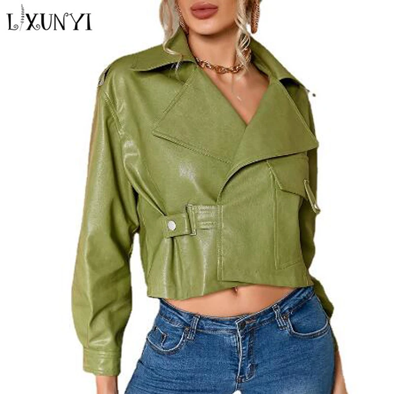 LXUNYI PU Leather Jacket  Female 2022 Autumn Women's Fashion Loose Faux Leather Turn-down Collar Epaulet Short PU Coat Green
