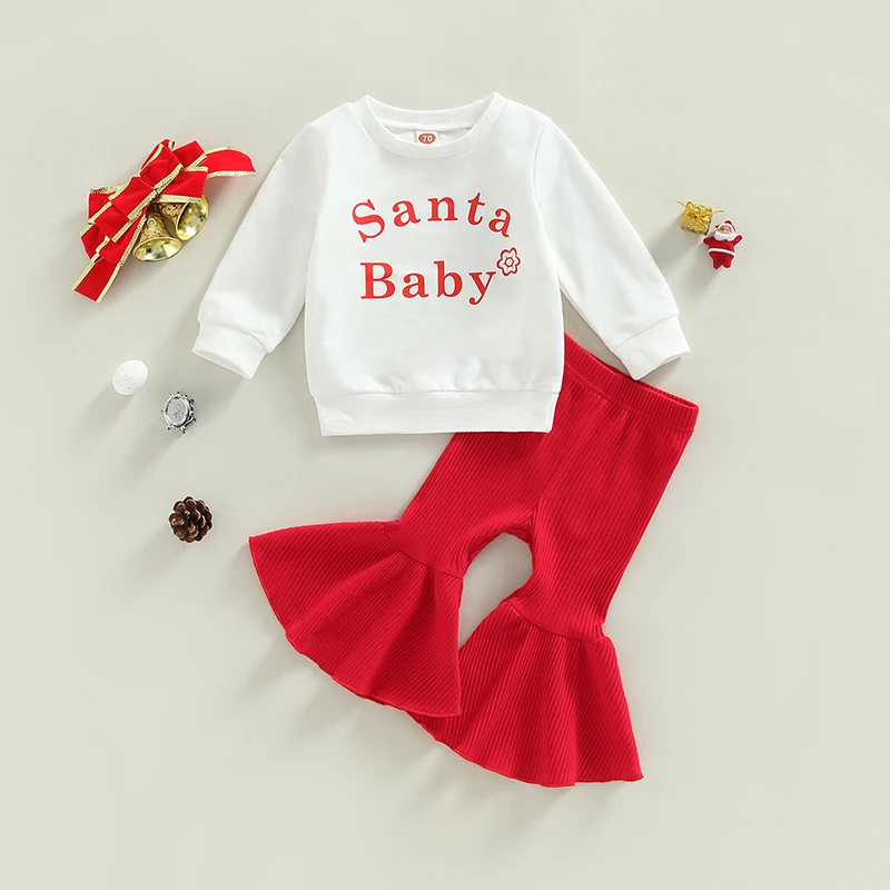 

Одежда для маленьких девочек, Рождественский наряд, пуловер с длинным рукавом и круглым вырезом и буквенным принтом, однотонные ребристые расклешенные брюки