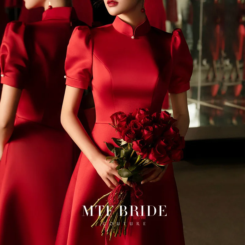 

Wine red dress feminine slim Satin banquet dress bride engagement evening dress