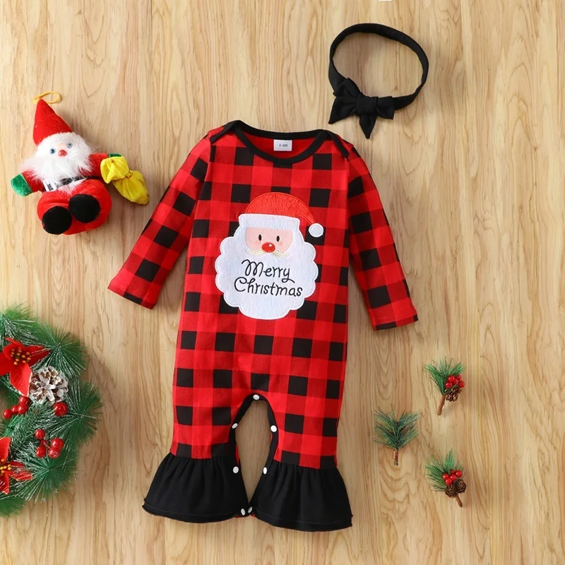 Christmas Winter Baby Boy Clothes Cotton Letter Santa Claus Patchwork Plaid Long Sleeve Baby Bodysuit Baby Girl Clothes 0-18M