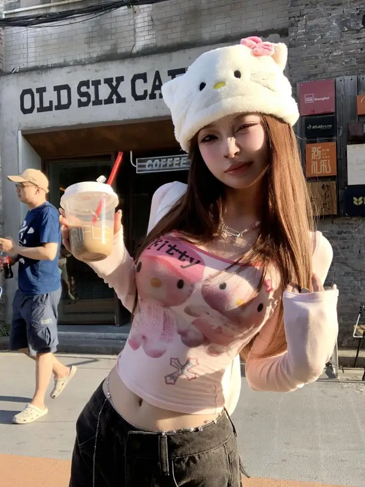 Sanrio Hello Kitty Розовые графические футболки с длинным рукавом в японском стиле