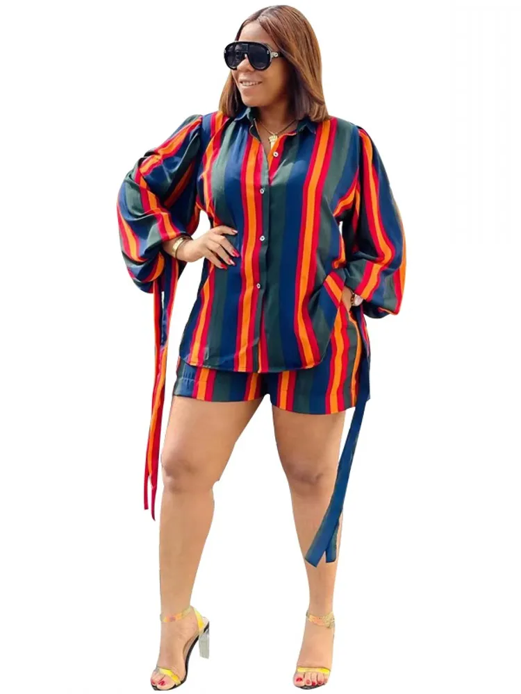 

2 Piece Shorts Sets African Clothes Women Lantern Sleeve Shirt Top Outfits Summer New Stripe Print African Kanga Shorts Clothing