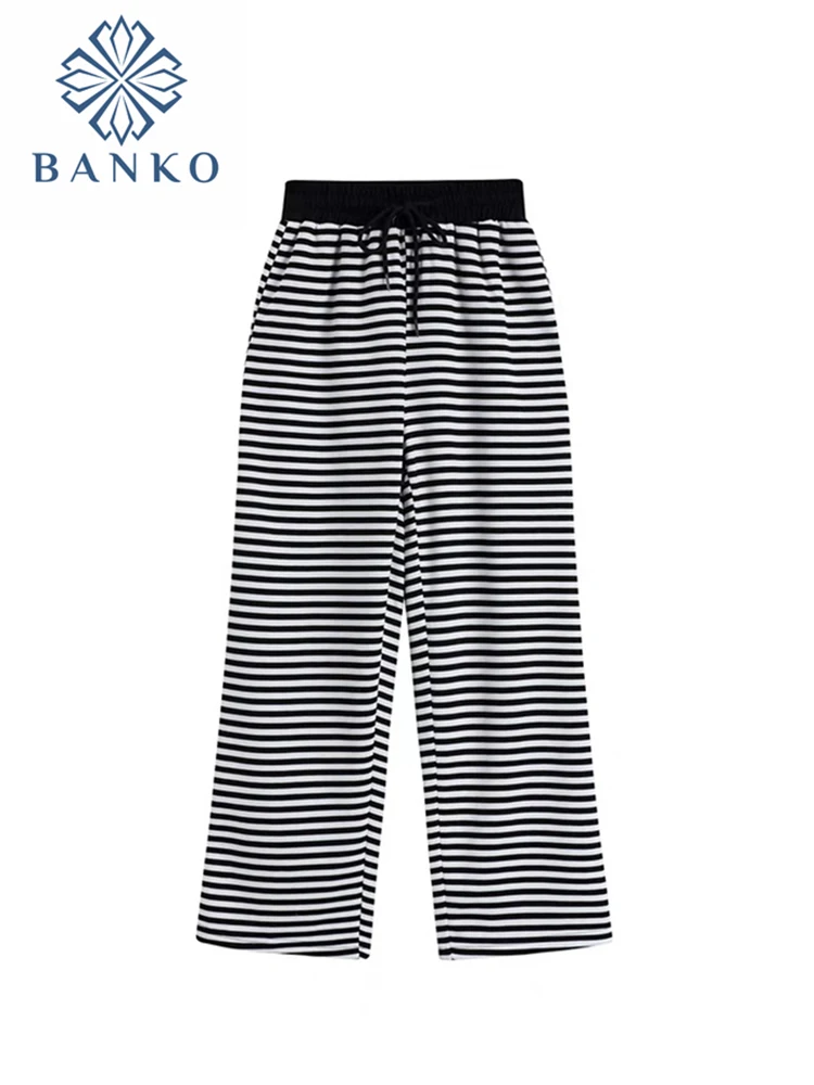 

Striped Print Wide Leg Pants Sexy High Waist Summer Women 2022 Fashion Casual Oversize Mujer Streetwear Elastic Lace Up Trousers