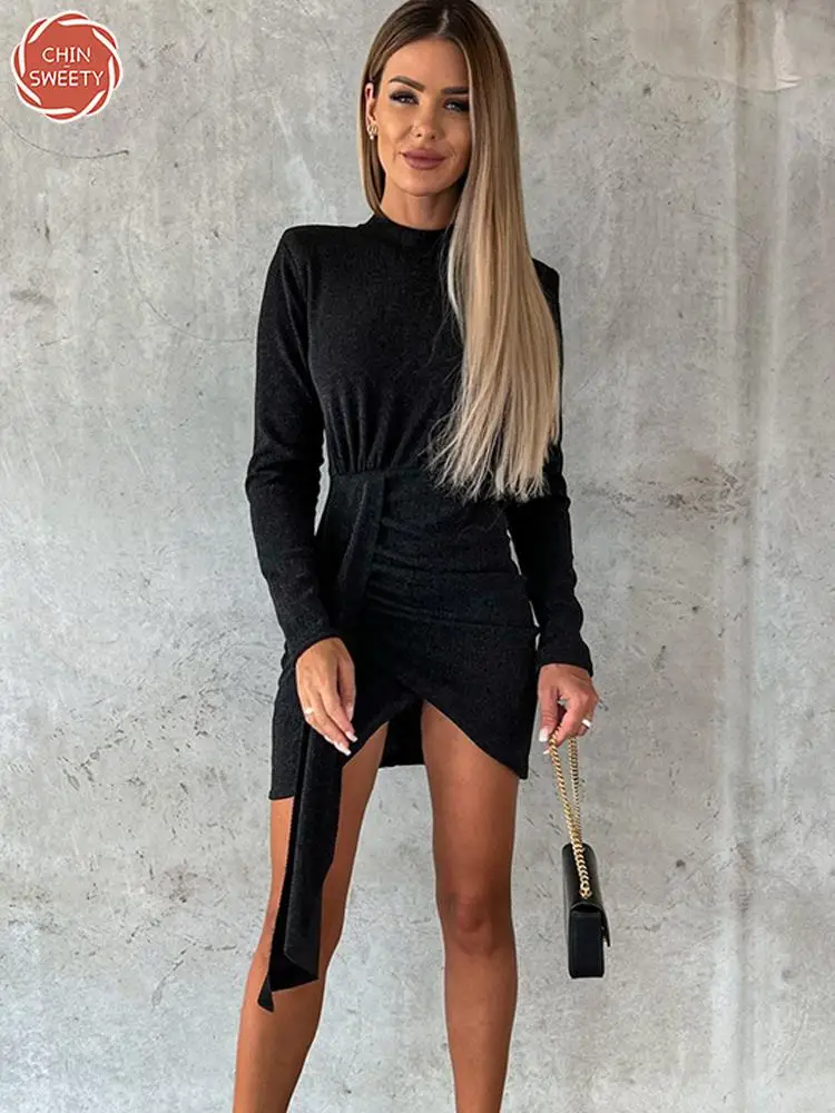 

Элегантное однотонное офисное женское платье с длинным рукавом, мини-платье с высоким воротником для женщин, повседневное женское праздвеч...