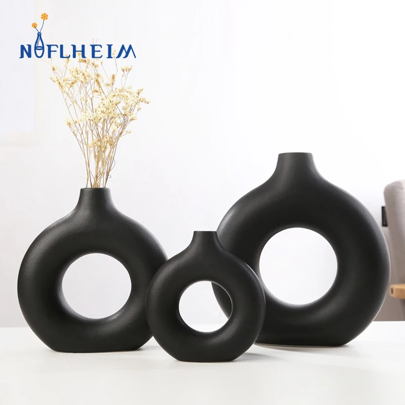 

NIFLHEIM Nordic Ceramic Donut Vase Black Cream Flower Vase Decoration Home Design Bedroom Living Room Desktop Decor Accessories