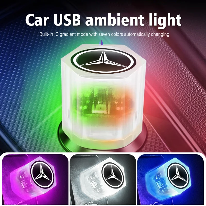 Фото Светодиодная USB-лампа для автомобиля с градиентной подсветкой, разноцветная ночная подсветка для Mercedes Benz AMG A C E S G Class W201 W210 W108 W204 W205 W203 №1