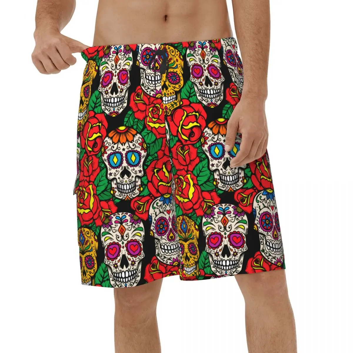 

Mexican Sugar Skulls Roses 3D Printed Beach Shorts Men Fashion Swimwear Quick Dry Sports Surf Male Short Pants