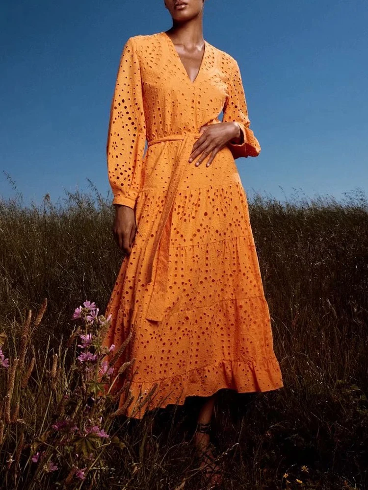 

Платье-миди женское однотонное составного кроя с V-образным вырезом и длинным рукавом