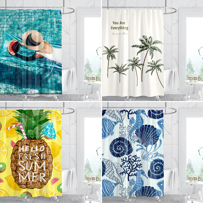 

Summer Tropical Vacation Ocean Shower Curtain Seahorse Pineapple Palm Tree Cool Waterproof Set for Bathroom with Hook Home Decor