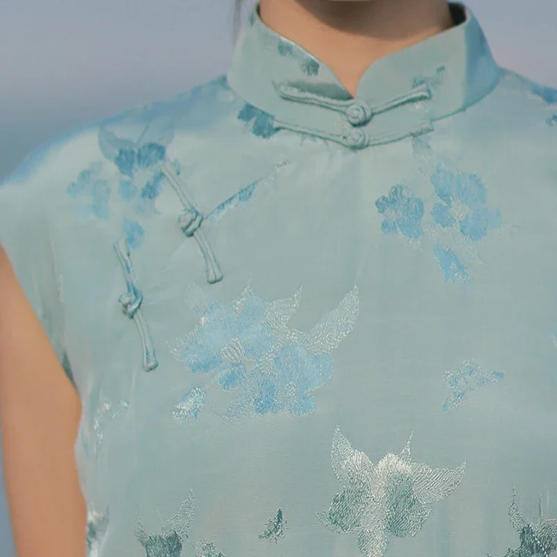 Платье-Ципао для китайской девушки голубое современное жаккардовое длинное