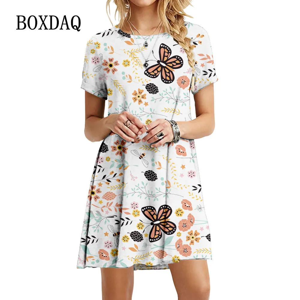 

New Cartoon Butterfly Print Dress Women Vintage Plant Flowers Short Sleeve A-Line Dress Casual Loose Oversized Sundress Vestidos