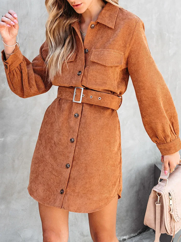 

Turn Down Collar Women Solid Mini Dress Casual Autumn Winter Corduroy Straight Dress Office Female Single Breasted Shirts Dress