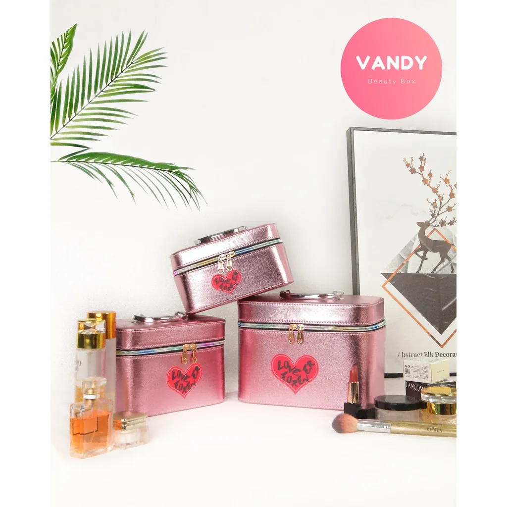 

Vandy 2022 Heart-Shaped Pink Leather Ladies Cosmetic Case Bag for Women Home Travel Storage Box Organizer for Makeup
