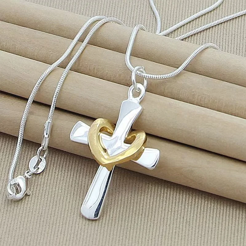 

Hot sale 925 Serling Silver Fine Jewelry latin cross love heart necklace 1mm rolo jewelry wholesale silver necklace