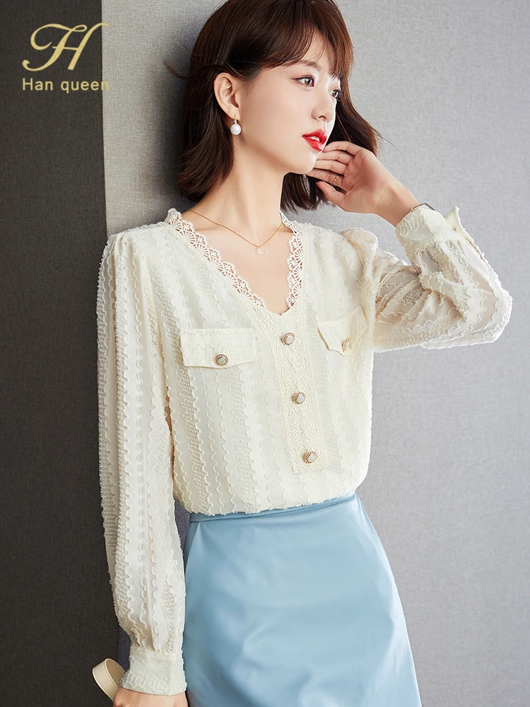 

Женская шифоновая блузка с V-образным вырезом и длинным рукавом