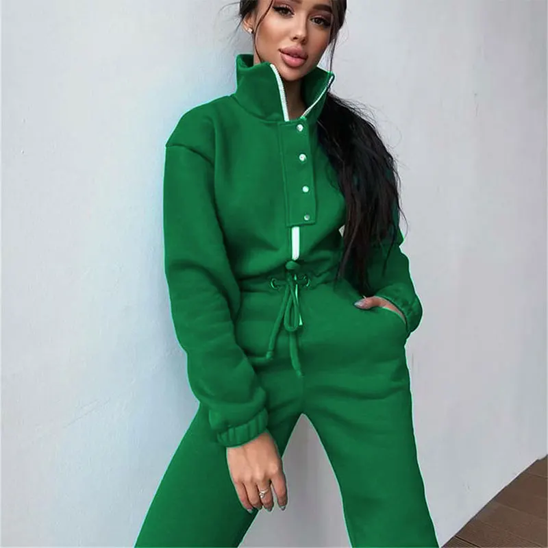 

Casual Stand Collar Jumpsuits Women Autumn Winter Zipper One Piece Long Sleeve Outfit Solid Loose Drawstring Rompers Tracksuits