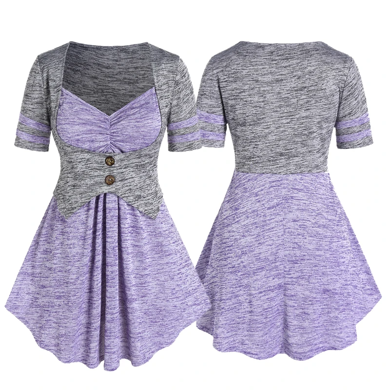 

ROSEGAL Women Faxu Twinset Tunic Tee Summer Casual Contrast Space Dye 2 In 1 T Shirt Female Patchwork Short Sleeve Shirt Tops