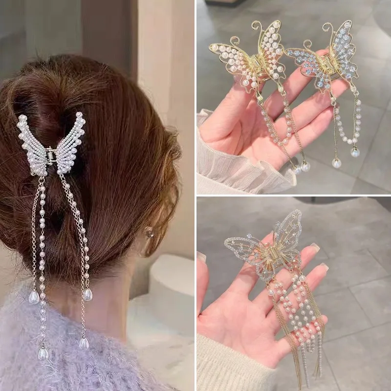 

Exquisite Rhinestone Butterfly Fringe Hair Claw Korean New Ponytail Braid Pearl Hair Clip Girl Crab Metal Headdress Gift