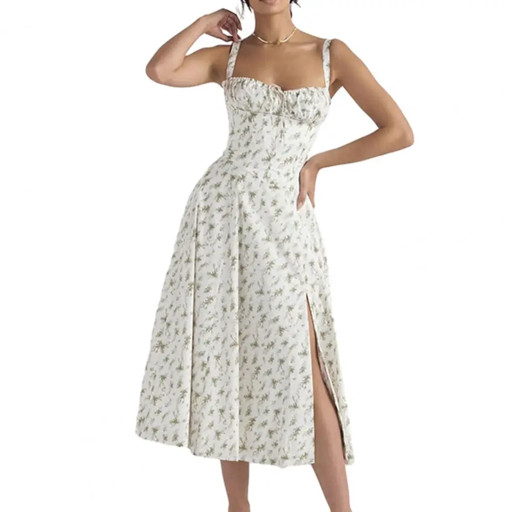 

Ladies Low-cut Dress Stunning Floral Print Midi Dress Elegant Backless for Parties Proms Beach Days High Split Dress