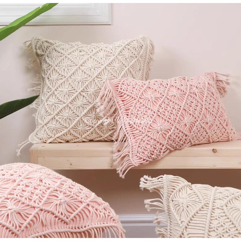 Фото Diphylleia розовый цветочный ручной работы завязанный макраме поясничная наволочка Бохо богемный образ декоративная наволочка подарки ручной работы №3