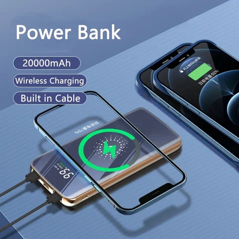 Беспроводное зарядное устройство Qi Power Bank со встроенным кабелем и быстрой зарядкой Powerbank для IPhone14 Samsung S23 Huawei Xiaomi Pover Bank 20000 мАч