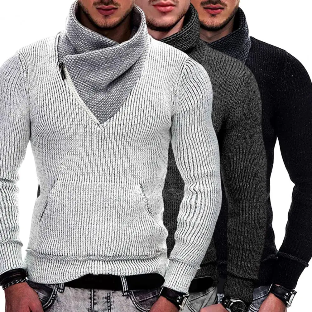 

Color Matching Long Sleeves Pullover Men Sweater Zipper High Collar Knitting Neck Protection Winter Sweater For Daily Wear
