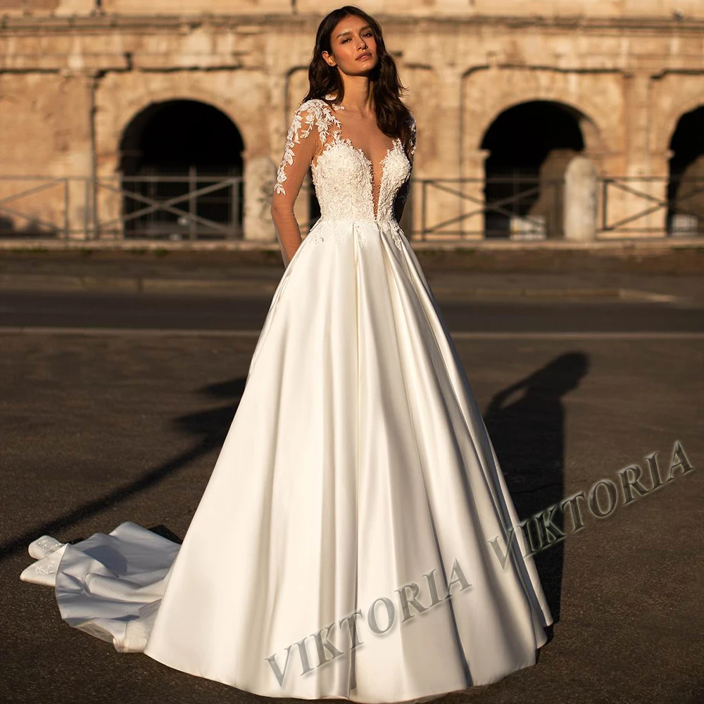 

VIKTORIA Luxury Wedding Dresses For Women SCOOP Buttons Full-Sleeves Satin Tulle 2023 Bride Made To Order Vestidos De Novia