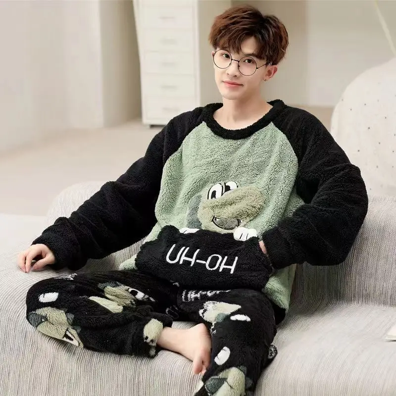 Men Winter Pajamas Set Thick Home Clothes 2 pieces Flannel Loungewear Anime Dinosaur Japan Style Pijama for Young Man Nighty