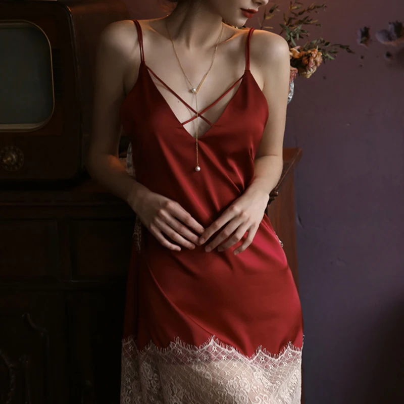 

Sexy Lace Sling Dress Satin Backless Nightgown Women V-Neck Cross Straps Nightdress Female Lingerie Hollow Out Sleep Homewear