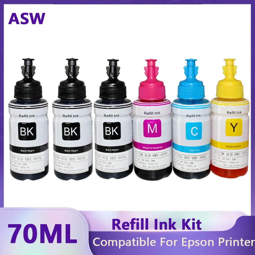 

Compatible 70ML dye refill ink kit for Epson printer L100 L110 L120 L132 L210 L222 L300 L312 L355 L350 L362 L366 L550 L555 L566