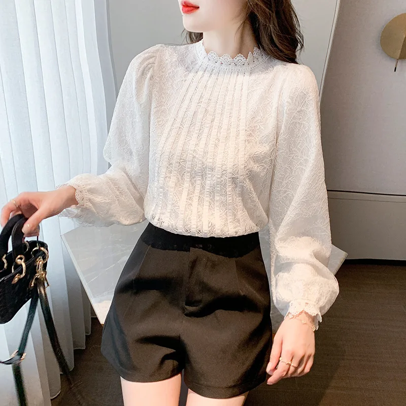 

Vintage Lace Shirts Women 2022 Autumn New Fashion Elegant Stand Collar Womens Tops and Blouses Ladies Office Casual Clothes