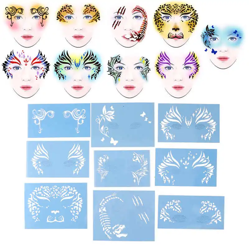 9pcs Body Face Painting Stencils Kit Washable Tattoo Template Stencils Cosplay Body Art DIY Makeup Tools for Halloween Party