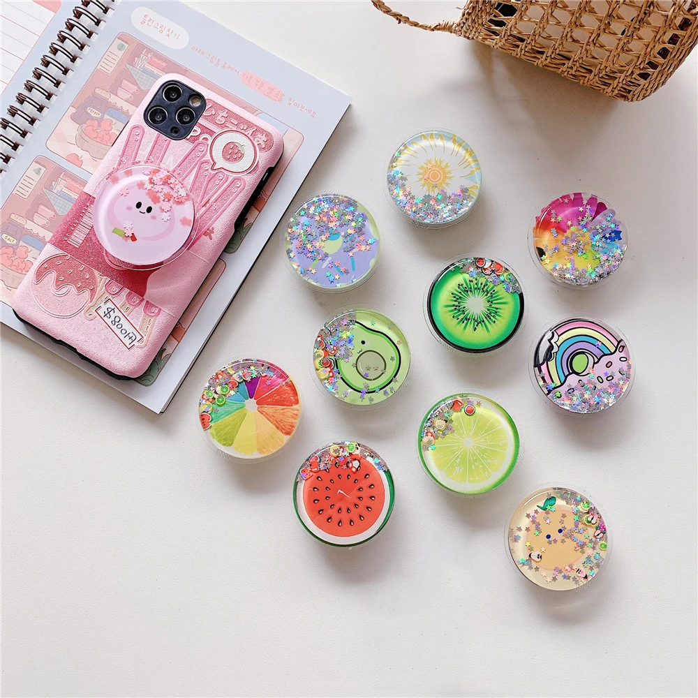 Cute Summer Fruit Soft Phone Holder Stand Flower Avocado Lemon Glitter Mobile Grip for iPhone 11 XR 7 8 Ring Holder Kawaii Girl